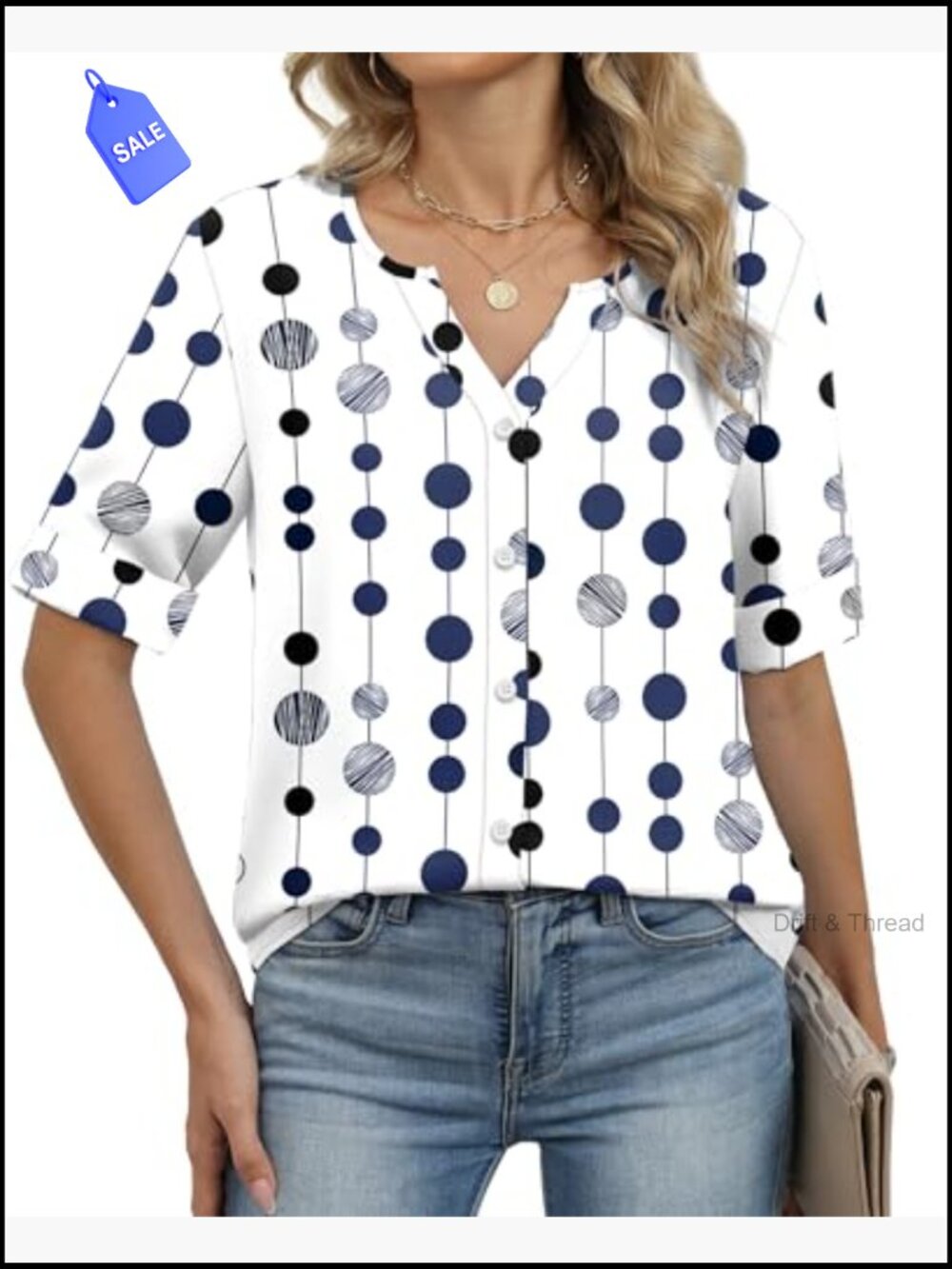 Button Down Shirt Women 3/4 Sleeve V Neck Blouses Business Casual Loose Fit Tops - Picture 2 of 7